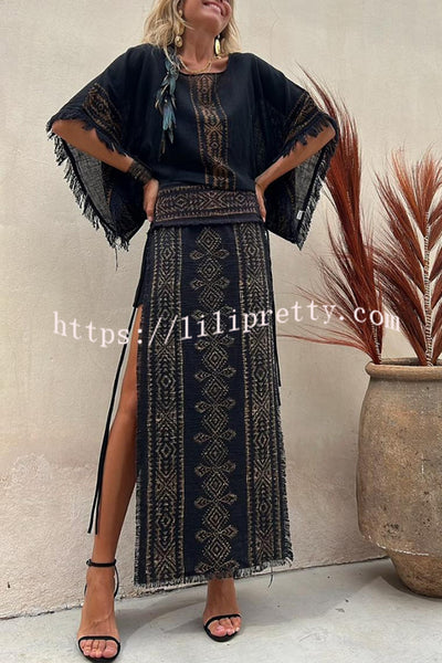 Lilipretty® Alana Linen Blend Ethnic Print Patchwork Side Lace-up Maxi Skirt
