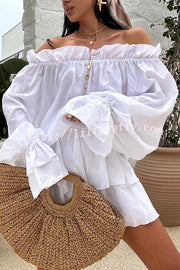 Arnell Linen Blend Off Shoulder Balloon Sleeve Shirt and Elastic Waist Layered Shorts Set