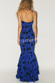 Eliora Mesh Polka Dot Print Gathered Bust Layered Fishtail Hem Maxi Dress