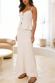 Solid Color Halter Button-Down Top and Elegant Fitted Maxi Skirt Set