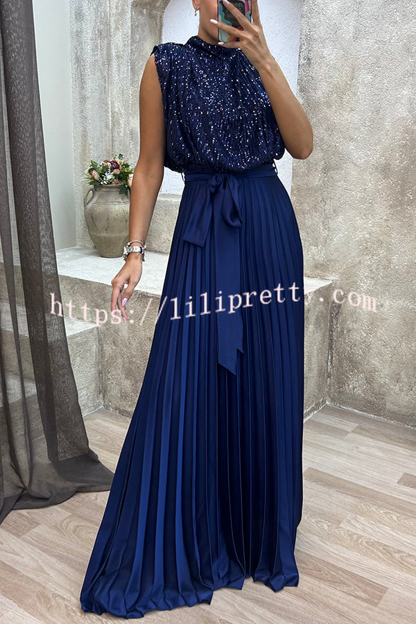 Lilipretty See You At The Party Sequin Patchwork Belt Pleated Maxi Dress