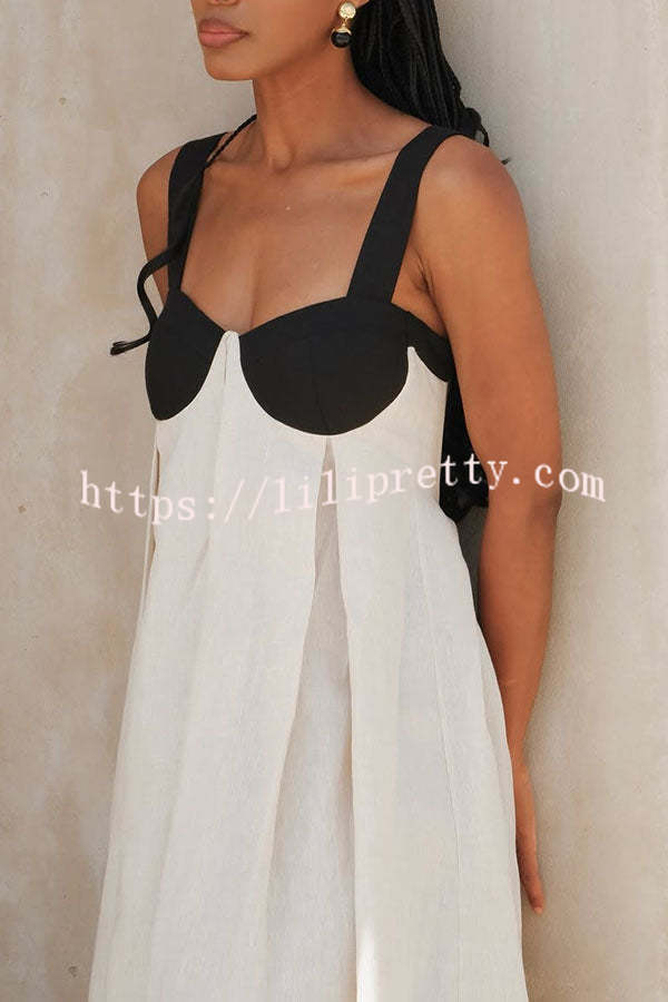 Jordina Linen Blend Colorblock Cups Backless Tie-up Loose Maxi Dress