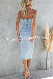 Lilipretty® Amore Light Denim Princess Seams Halter Slit Stretch Midi Dress