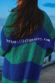 Fashionable Contrast Stripes Lazy Style Loose Long Knitted Cardigan