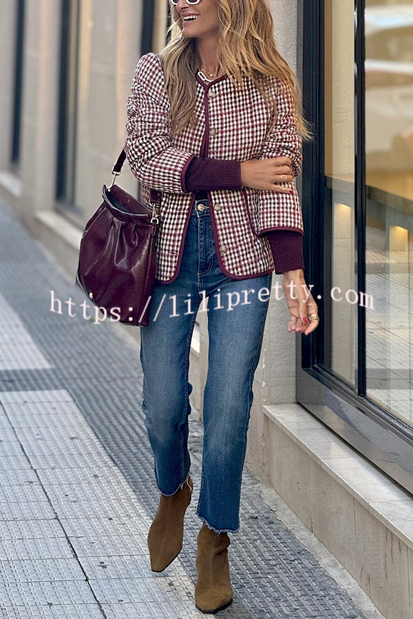 Warm Texture Plaid Button Quilted Pocket Loose Cotton Jacket