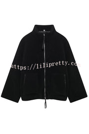 Solid Color Stitching High Collar Long Sleeve Loose Pocket Woolen Coat