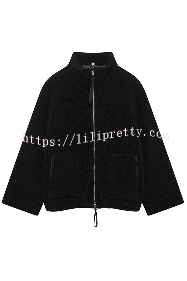 Solid Color Stitching High Collar Long Sleeve Loose Pocket Woolen Coat