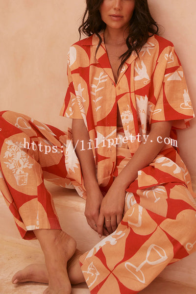 Linen Blend Unique Printed Short-sleeved Shirt and Elastic Waisted Baggy Pants Set