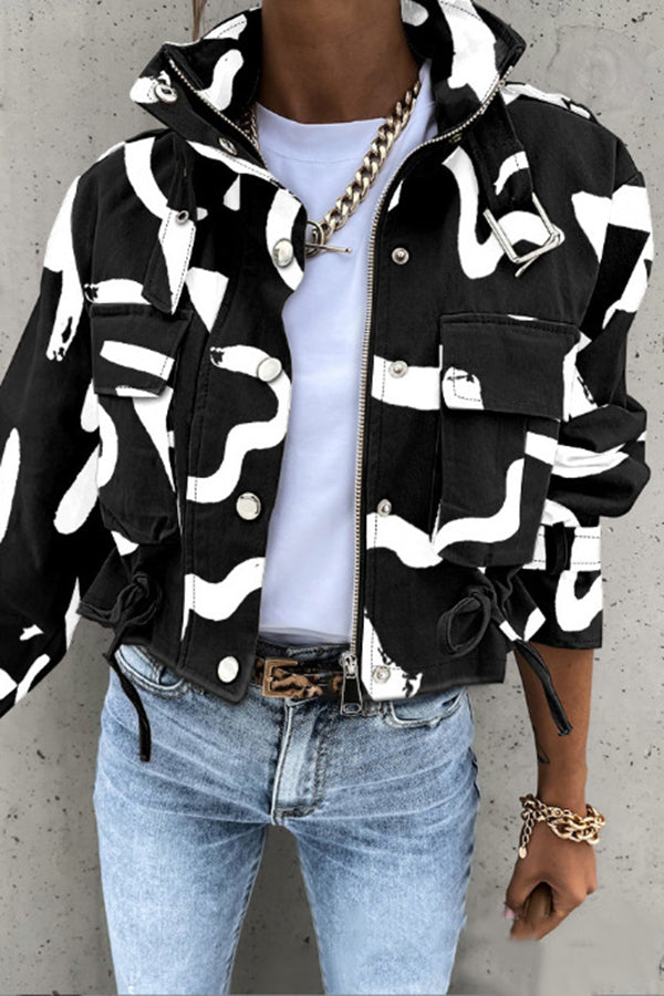 Unique Stylish Printed Casual Pocket Statement Jacket