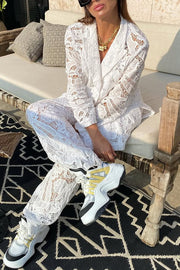 Fashionable Lace Long-sleeved Lapel Loose Top and Casual Hollow Pants Set