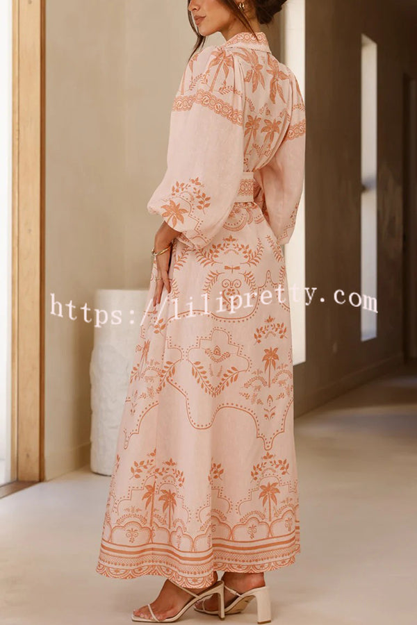 Linen Blend Lapel Puff Sleeve Casual Waist Belted Maxi Dress
