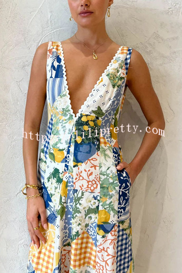 Eternal Italian Paradise Linen Blend Patchwork Print Pocketed Maxi Dress