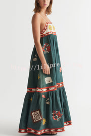 Unique Printed Sexy Suspender Backless Large Hem Maxi Dress