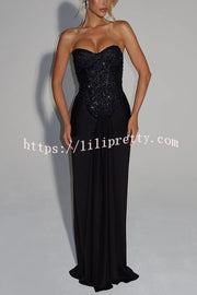 Carina Sequined and Satin Jersey Off Shoulder Ruched Knot Drape Maxi Dress