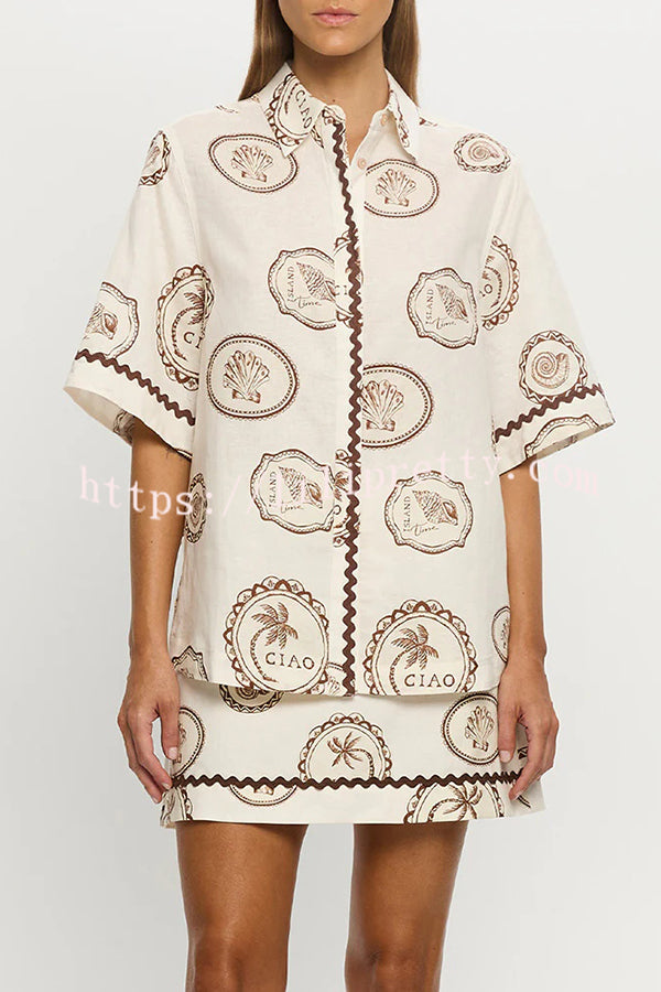 Resort Style Print Lapel Short Sleeve Shirt and Casual Mini Skirt Set