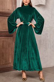 Solid Color Velvet Bell Sleeves Tie Waist Elegant Maxi Dress