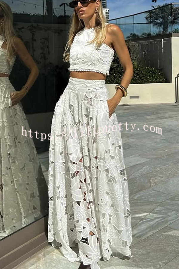 Next Trip Floral Embroidery Crochet Lace Elastic Waist Pocket Maxi Skirt