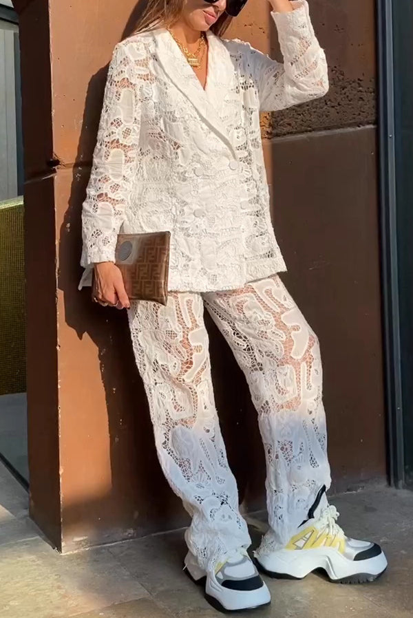 Fashionable Lace Long-sleeved Lapel Loose Top and Casual Hollow Pants Set