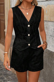 Solid Color Embroidered V-neck Button Casual Vest and Loose Pocket Shorts Set