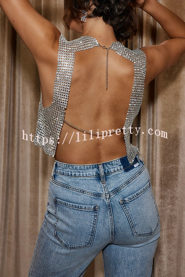 Sexy Metallic Rhinestone Backless Chain Vest