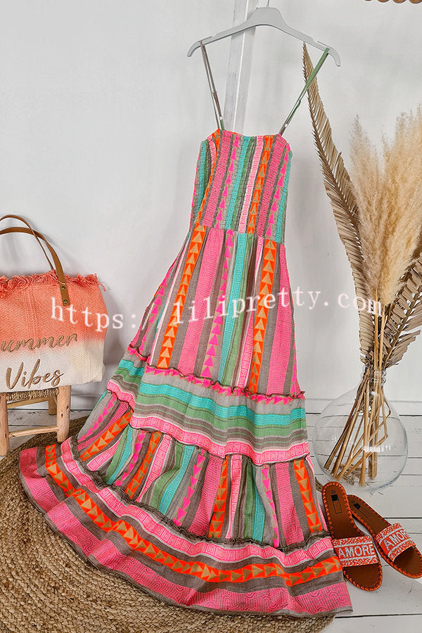 Lilipretty Plenty of Sunshine Linen Blend Ethnic Print Smocked Cami Midi Dress