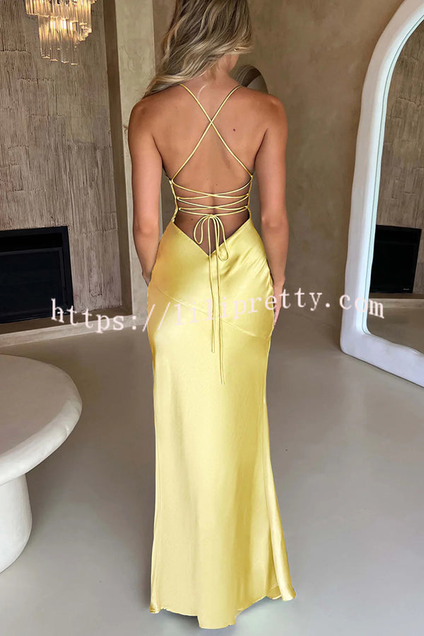 Satin Solid Color Sexy Backless Lace Up High Slit Maxi Dress