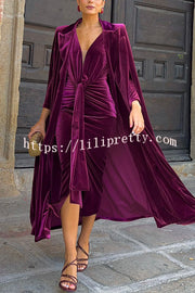 Elisabeth Luxurious Velvet Padded Shoulders Long Sleeve Twist Waist Drape Midi Dress