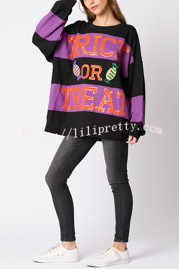 Halloween Letter Sequined Color Block Loose Casual Sweatshirt