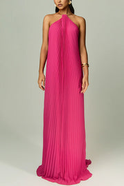 Coralie Pleated Metal Ring Halter Backless Loose Maxi Dress