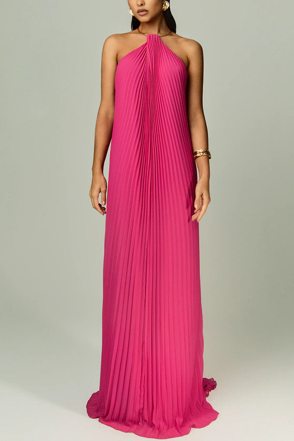 Coralie Pleated Metal Ring Halter Backless Loose Maxi Dress