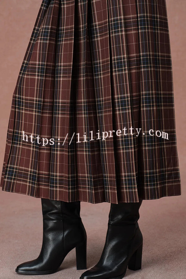 Yehudit Plaid Belt Buckle Design High Rise Pocket Midi Umbrella Skirt