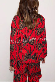 Stylish Colorblock Leopard Print Loose Shirt and Elastic Waist Pocketed Pajama Set