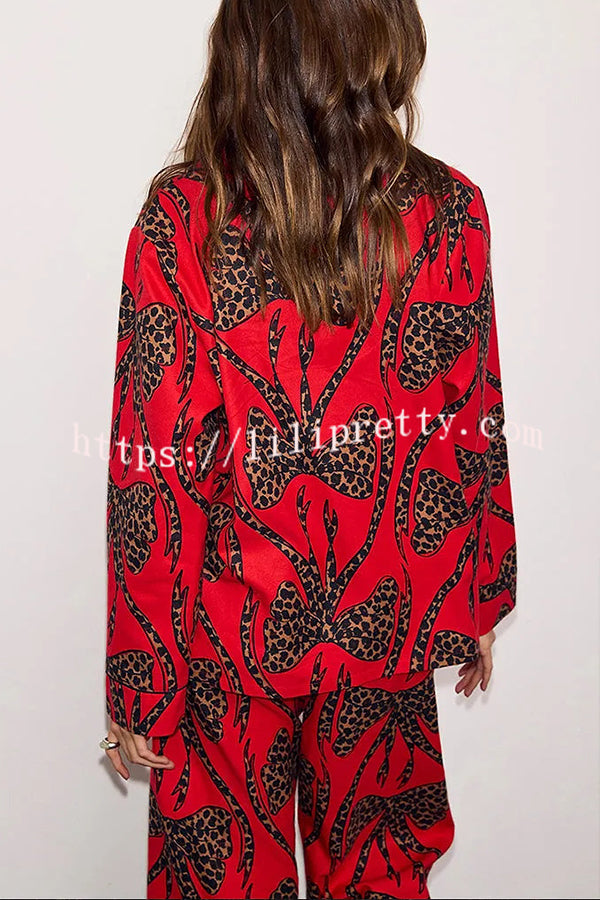 Stylish Colorblock Leopard Print Loose Shirt and Elastic Waist Pocketed Pajama Set