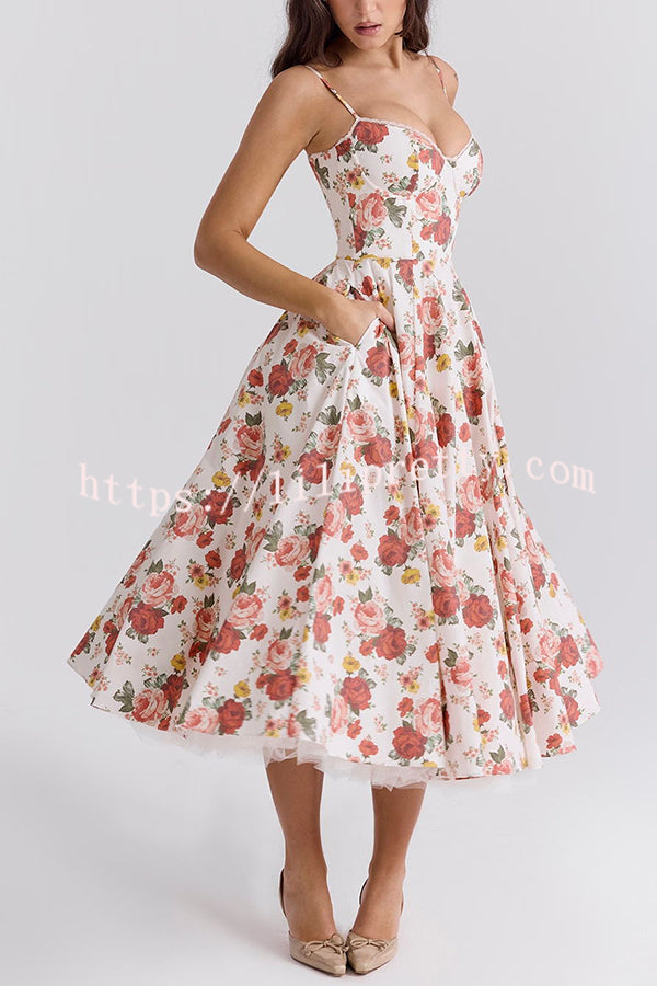 Fairy Tale Gorgeous Italian Rose Print Tulle Pocketed Slip Midi Dress