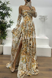 Reina Chiffon Floral Print Pleated Bodice Split Sleeve Strapless Slit Maxi Dress