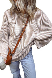 Knitted Striped Round Neck Dolman Sleeve Casual Loose Sweater