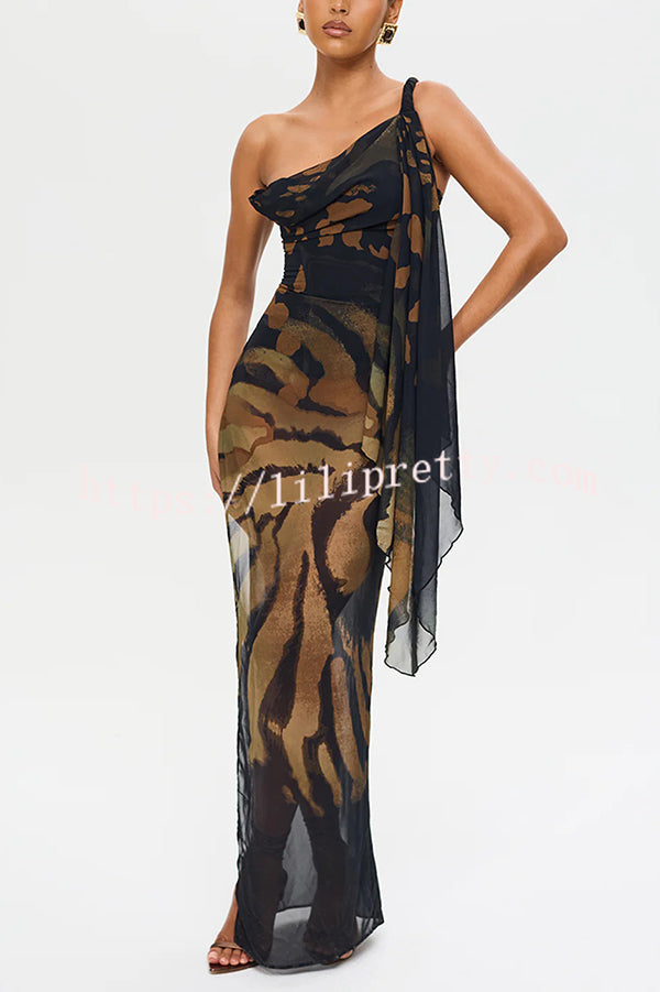 Unique Print Sexy One Shoulder Slim High Slit Maxi Dress