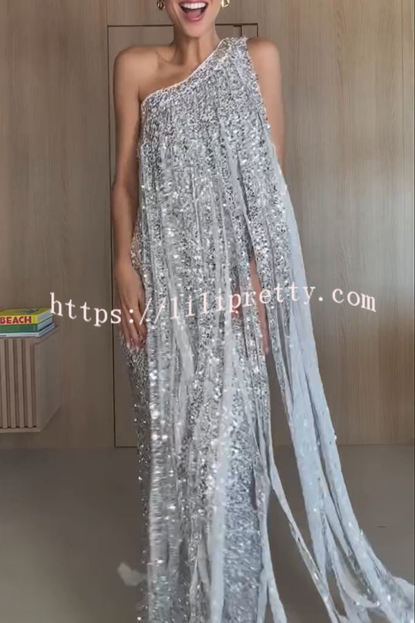 Holiday Muse Sequined Slit Tassels One Shoulder H-line Maxi Dress