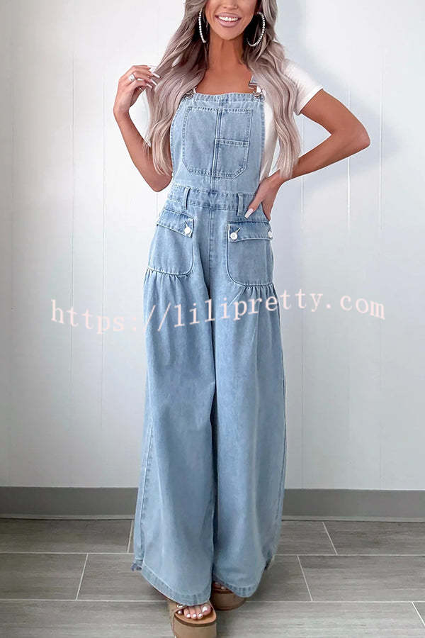 Fashion Casual Pocket Loose Wide-leg Adjustable Leg Cuffs Denim Overalls