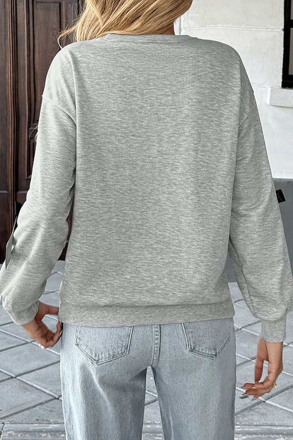 Fashionable Ribbon Bow Decorated Round Neck Loose Sweatshirt