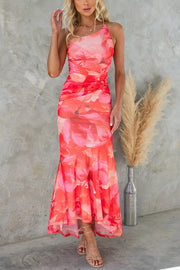 Lilipretty® Deja Mesh Overlay Floral Print One Shoulder Ruched Stretch Maxi Dress