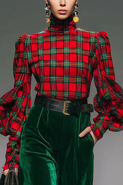 Retro Plaid Turtleneck Long Balloon Sleeve Top and Velvet Pocket Wide Leg Pants Set