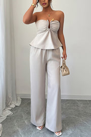 Solid Color Off-shoulder Backless Tube Top and Casual Pocket Straight Pants Set
