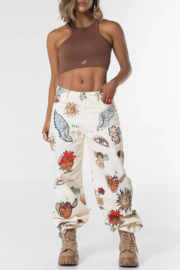 Angel Wings Denim Unique Print Mid Rise Pocket Loose Pants