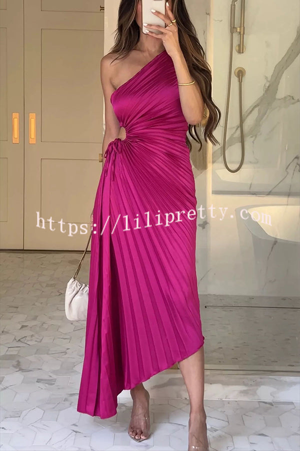 Lilipretty Glam Vibes Satin One Shoulder Side Cutout Pleated Maxi Dress
