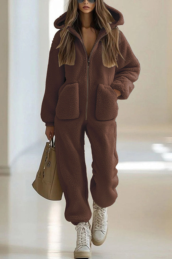 Stylish Plush Hooded Zip-up Casual Pocket Straight-leg Jumpsuit
