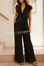 Brylee Satin Wrap Drape Style Top and Elastic Waist Pocket Wide Leg Pants Set