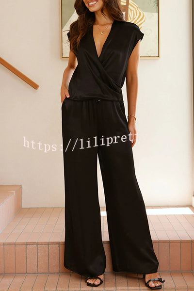 Brylee Satin Wrap Drape Style Top and Elastic Waist Pocket Wide Leg Pants Set