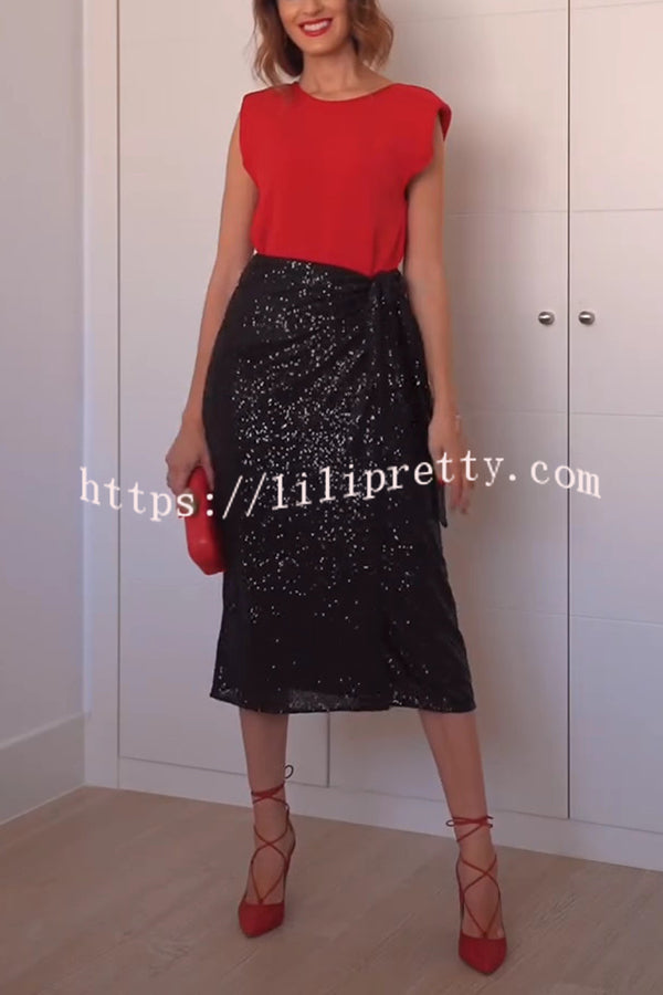 Crushing on You Sequin High Rise Wrap Tie-up Slit Midi Skirt