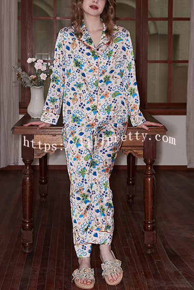 Blue Strawberry Print Home Long Sleeved Two-piece Set